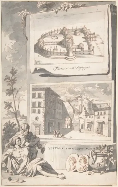 A Reconstruction Of The Thermae Agrippae Above And A View Of The Ruins Below