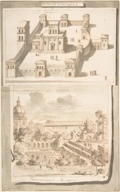 A Reconstruction Of The Thermae Of Novitian Above And A View Of The Ruins Below