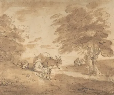 A Rest By The Way Open Landscape With Figures Donkey And Horses