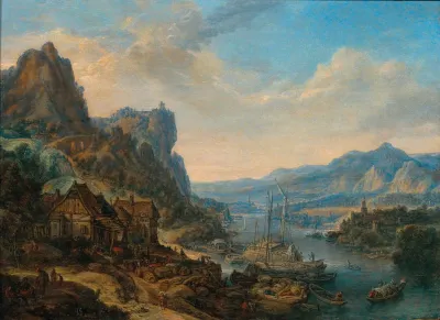 A Rhenish River Landscape With Trading Vessels