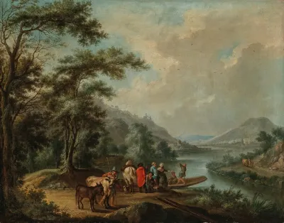 A Rhine Landscape With A Ferry Near Bonn With The Rolandsbogen Drachenfels And The Island Of Nonnenwerth Beyond