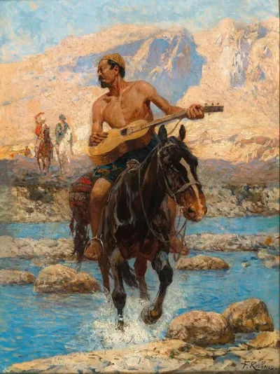 A Rider With Guitar Crossing A Ford