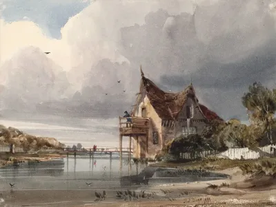 A River And Cottage With White Paling