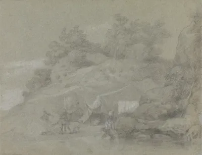 A River By A Rocky Bank With Figures Possibly In India
