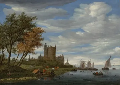 A River Estuary With Sailboats And Fishermen Pulling In Nets A Fortified Castle And Horse Drawn Wagon On The Bank