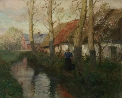 A River In Normandy With A Woman Carrying Water