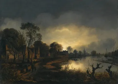 A River Landscape At Dusk With And Figures Walking Along A Path Towards A Village To The Left A Church In The Distance