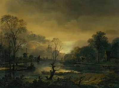A River Landscape At Sunset With Fishermen Drawing In Their Net In The Foreground Windmills Beyond