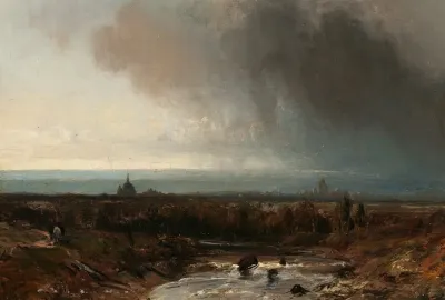 A River Landscape Beneath A Stormy Sky