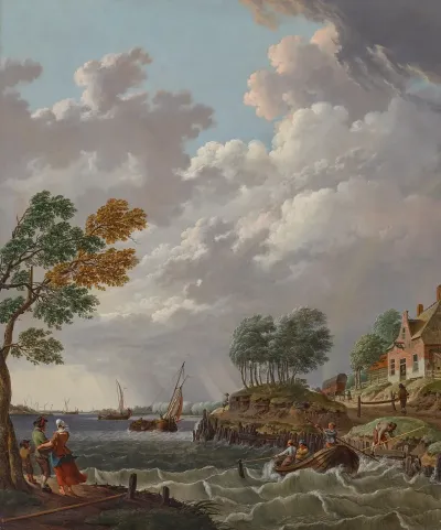 A River Landscape In A Storm With Sailing Vessels And A Rowing Boat In Choppy Waters A Rainbow In The Distance