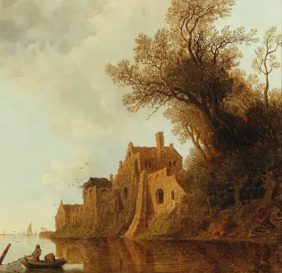 A River Landscape With A Fortified Town And A Fishing Boat
