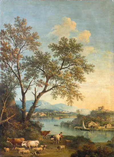 A River Landscape With A Herdsman In The Foreground And A Village Beyond