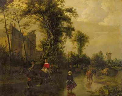 A River Landscape With A Horse Drawn Cart Carrying A Lady With Baskets Of Vegetables Across A Ford Next To A Castle