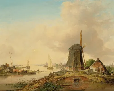 A River Landscape With A Windmill