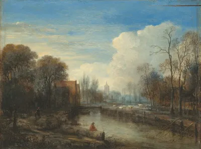 A River Landscape With An Angler And Sheep On The Banks