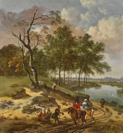 A River Landscape With Elegant Travelers And A Beggar In A Dune Landscape