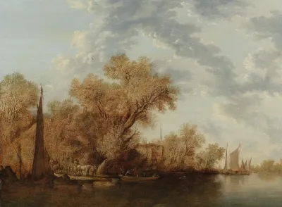 A River Landscape With Ferry Boats