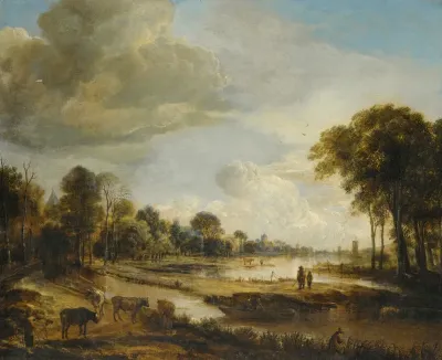 A River Landscape With Figures And Cattle