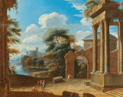 A River Landscape With Figures By Ruins