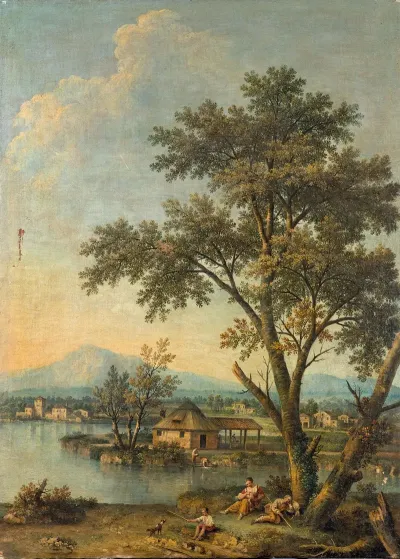 A River Landscape With Figures Resting In The Foreground And A Washerwoman Beyond