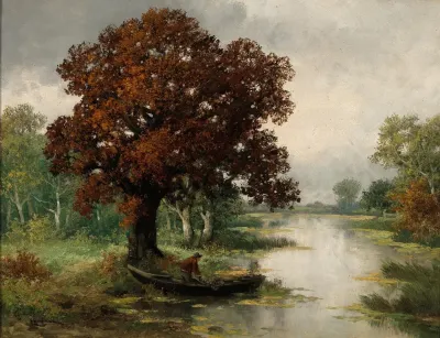 A River Landscape With Fisherman In Autumn