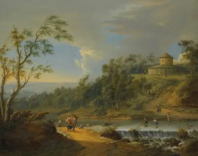 A River Landscape With Fishermen Dredging A Weir