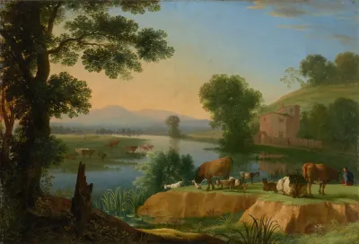 A River Landscape With Goats And Cattle A Farmhouse Beyond