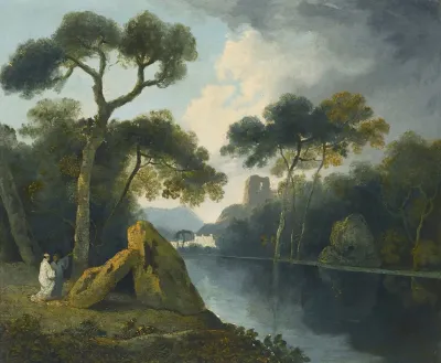 A River Landscape With Monks Conversing By A Pair Of Megaliths With Ruins Beyond