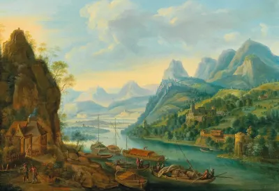 A River Landscape With Mountains