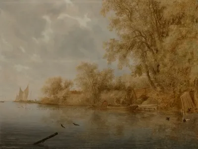 A Riverbank With Fishermen Tending Their Nets And Landing Fish Baskets