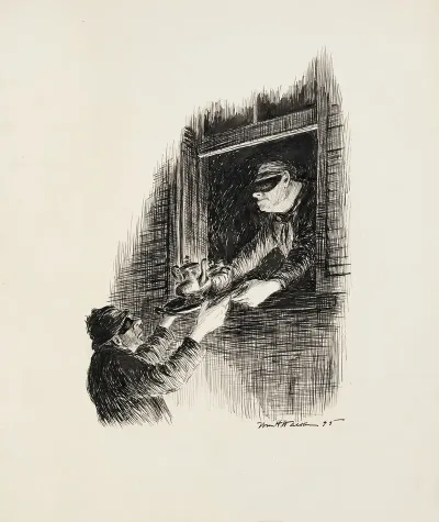 A Robber Passes A Tea Service Through The Window To His Accomplice Outside