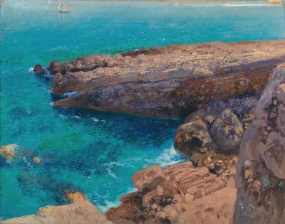 A Rocky Coast In The Background A Sailing Boat