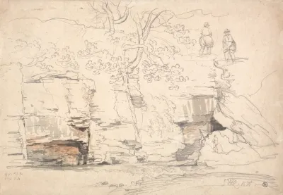 A Rocky Hillside With Trees And Figures