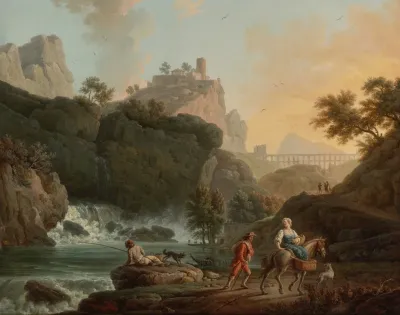 A Rocky Landscape With A Fisherman And Travellers By A River With A Waterfall An Aqueduct In The Distance