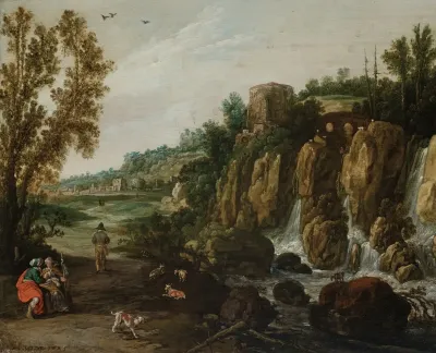 A Rocky Landscape With A Waterfall And Ruth And Boaz