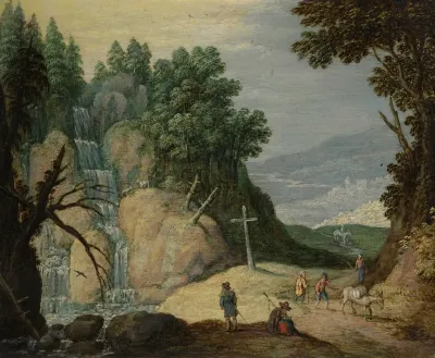A Rocky Landscape With A Waterfall And Travellers On A Path