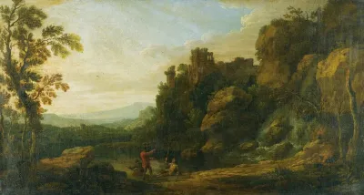 A Rocky Landscape With Three Fisherman By A Lake A Ruined Castle On An Outcrop Beyond