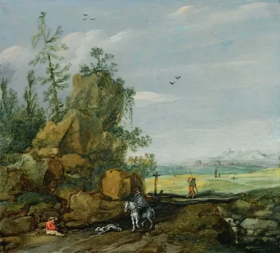 A Rocky Landscape With Travellers And A Horseman On A Path A View Of A Town In The Distance
