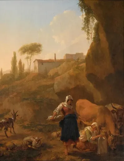 A Rocky Southern Landscape With Two Peasant Women And Their Flock And Cattle Halting Near A Stream