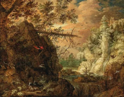 A Rocky Wooded Landscape With A Waterfall