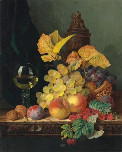 A Roemer Grapes Peaches Plums Raspberries And Walnuts On A Wooden Ledge