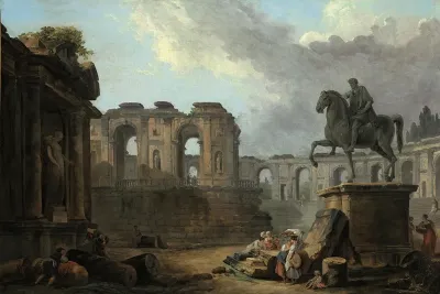 A Roman Capriccio With Washerwomen By The Statue Of Marcus Aurelius