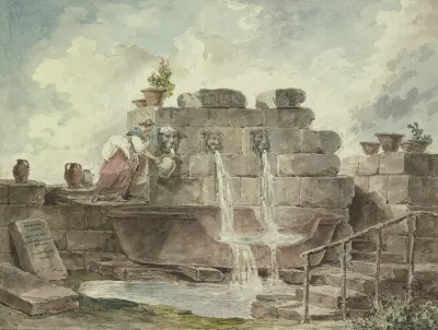 A Roman Fountain With A Woman Collecting Water