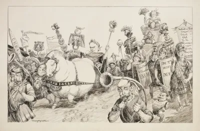 A Roman Victory Parade With The Trusts In The Front And Queen Rose Theodore Roosevelt And The Republican Party Behind