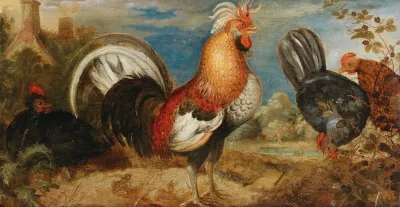 A Rooster And Chicken In A Landscape