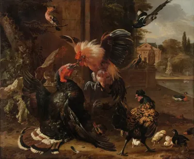 A Rooster And Turkey Fighting