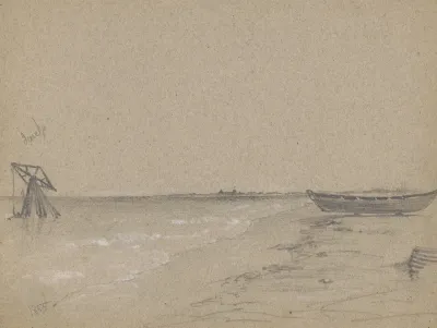 A Rowboat Sitting On Logs On The Shore Of A River Or Bay With A Derrick Like Drilling Or Pumping Device Just Offshore