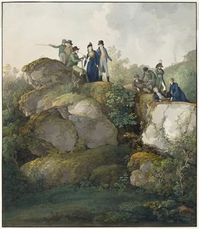 A Royal Party Admiring The Sunset Atop The Hesselberg Mountain