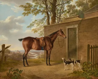 A Saddled Bay Hunter With Two Hounds Outside A Stable