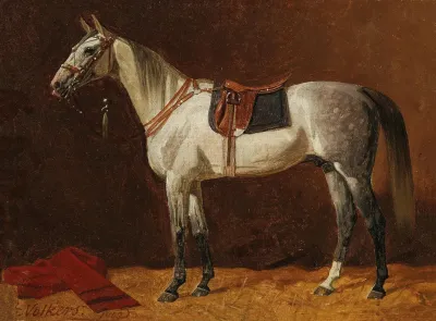 A Saddled White Horse In A Stable